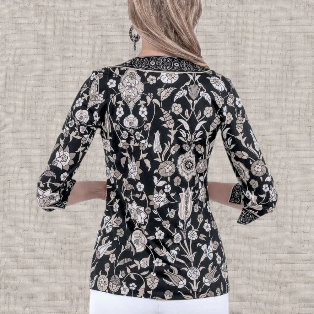 Gretchen Scott‎ Womens Topkapi Floral Damask Split Neck Tunic Top Black & Tan S
